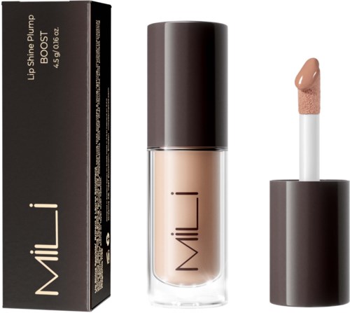 En tub med nude-rouge med lock, visas med förpackningsbox märkt "Lip Shine Pump BOOST".