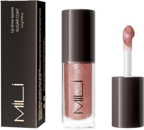 Ett läppglansrör med rosa glitter, bredvid dess svarta box och ett appliceringsborste.