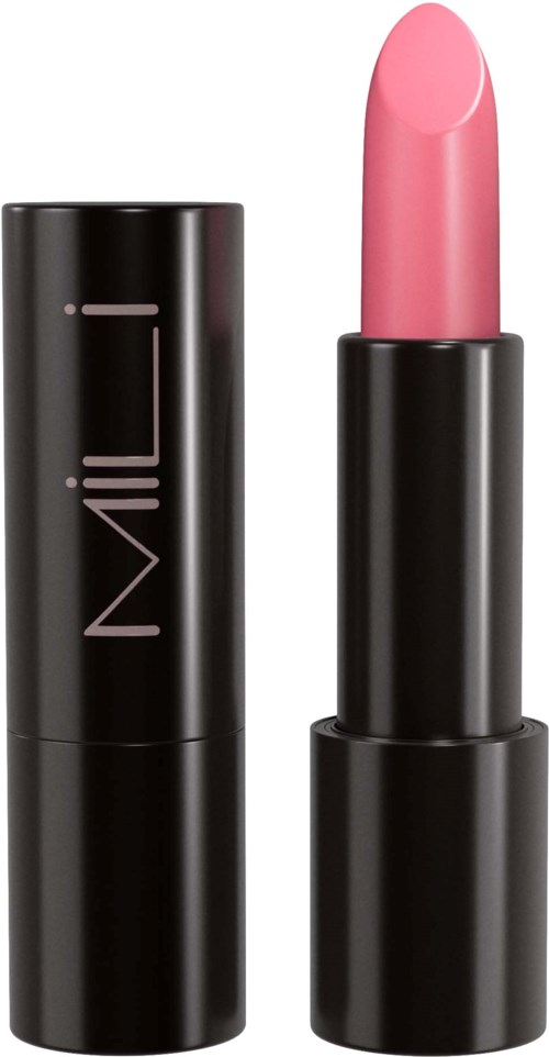 Pink lipstick in a black tube, partly open, showing the color inside.
