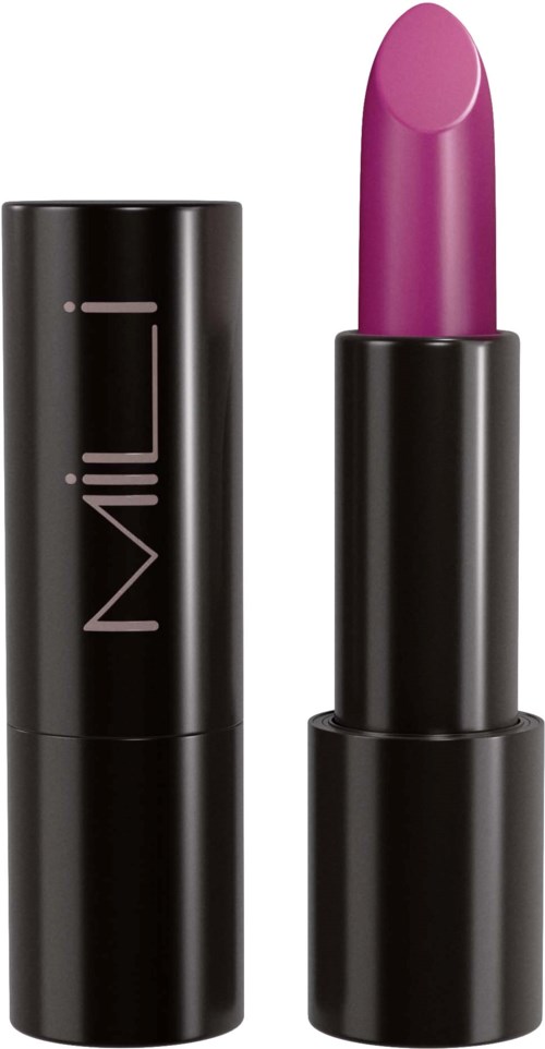 A purple lipstick in a black tube, with the cap removed, showing the lipstick inside.