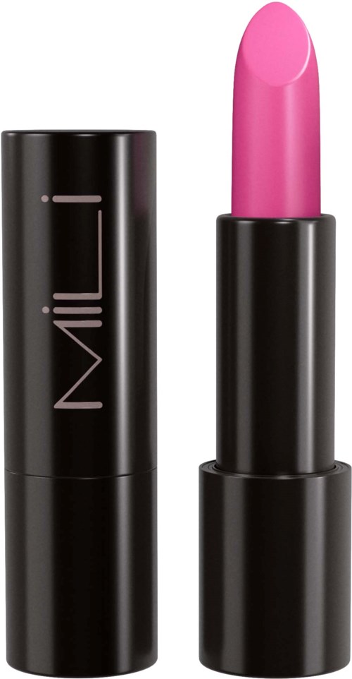 A pink lipstick in a black tube, with the cap off, showing the lipstick stick.