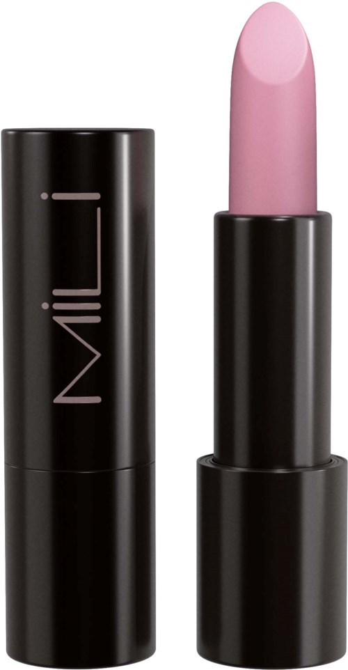 Een lippenstift met zwarte behuizing en roze lippenstift zichtbaar.