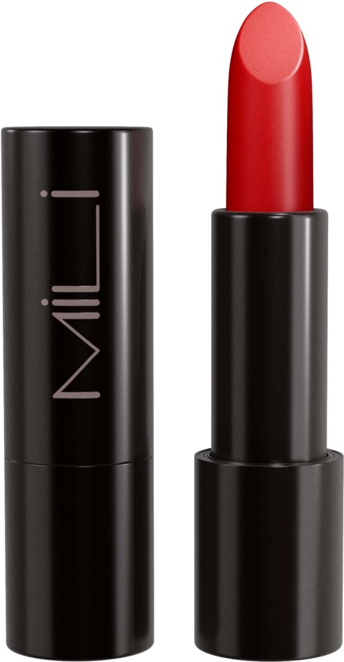 A black lipstick tube with a bright red lipstick inside, the cap is off and shows the color.