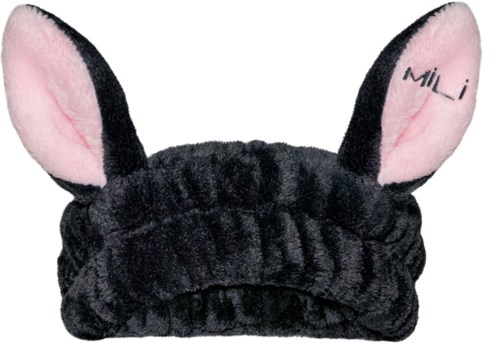 A headband with black bunny ears, pink inside, one ear has writing, and a soft black fabric.