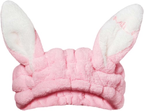 A fluffy pink headband with white and pink bunny ears attached.