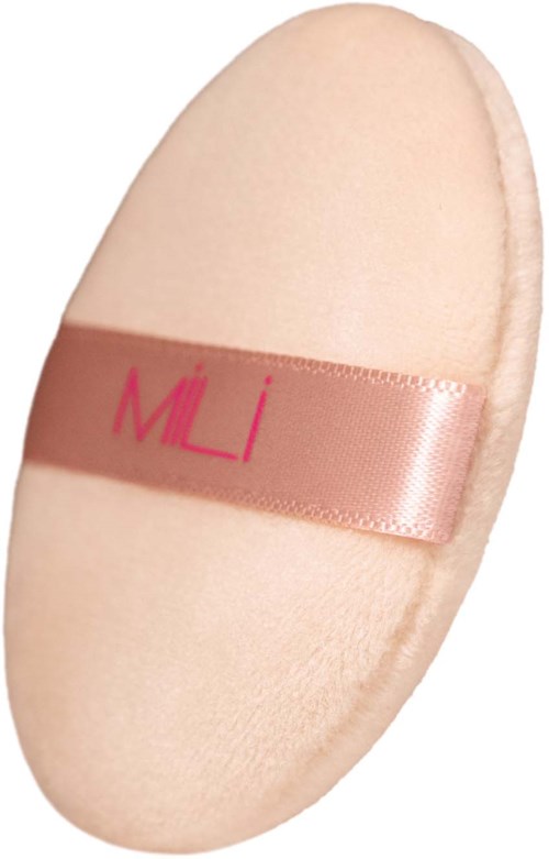 En mjuk, oval makeupsvamp med ett rosa band som är märkt 'MLi'.