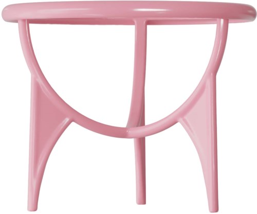 En rosa pall med enkel, modern design med rund sits och böjda ben.