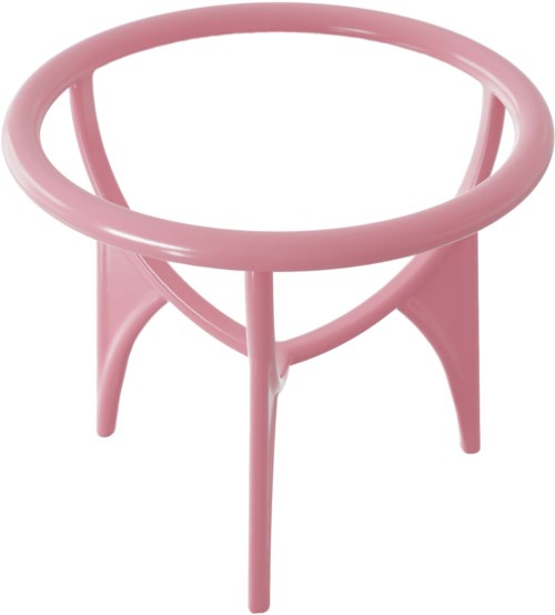 Runt rosa bord med tre ben och öppet toppdesign.