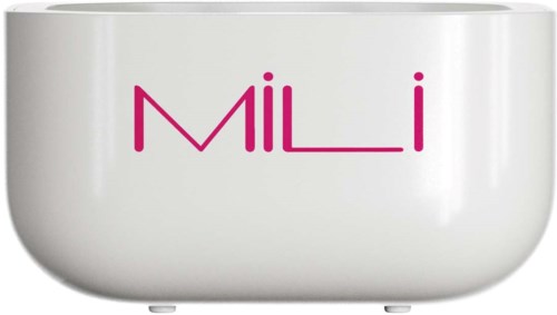 En hvit enhet med merkenavnet 'MILLI' i rosa bokstaver.
