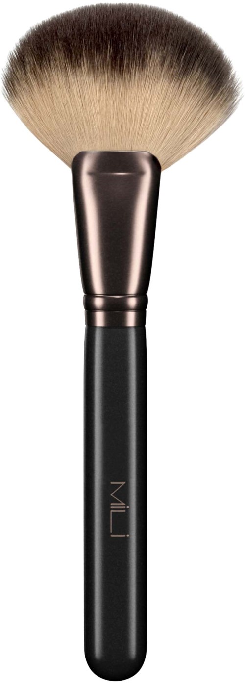 A makeup brush with a broad, fluffy top and a black handle.