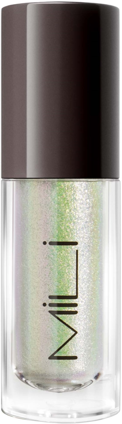 Een heldere fles met groene glitters en een zwarte dop, met het woord 'MILK' verticaal op het label.