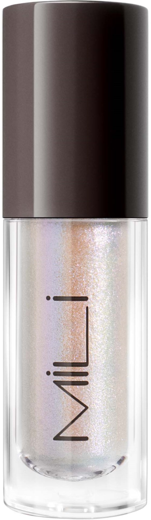 Eine klare Nagellackflasche mit schwarzem Deckel und dem Markennamen 'Milani'.