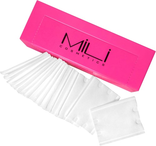 Pink box labeled 'Mili Cosmetics' with white facial wipes fanned out in front.