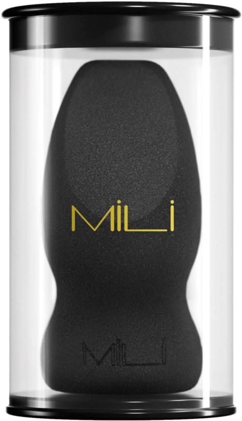 Een zwart product in een doorzichtige cilinder met gele tekst 'MiLi'.