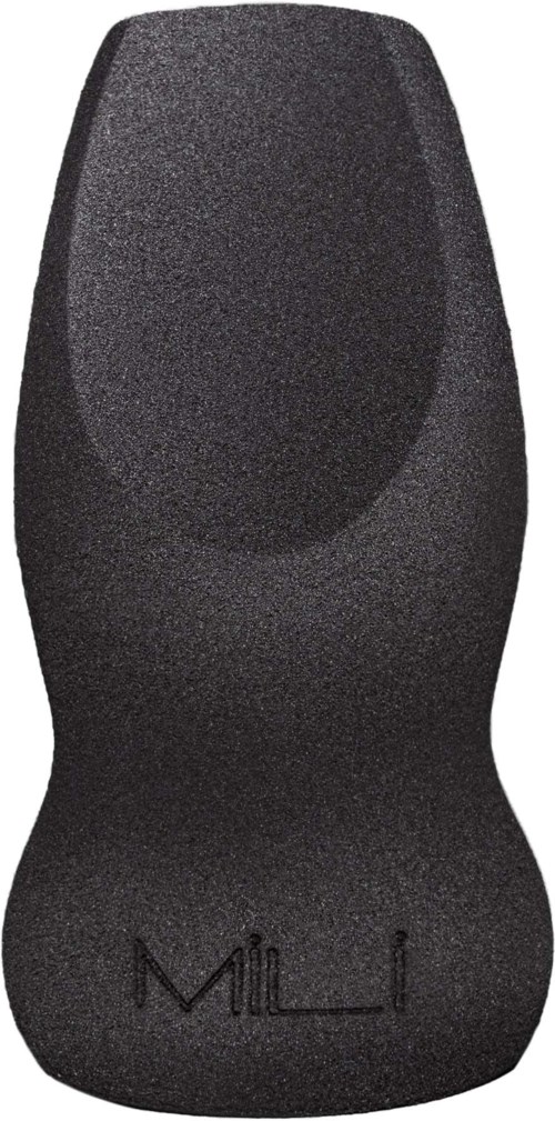 Een zwarte schuim rubber schoen afdekking met de merknaam 'Mil-LI' onderaan.