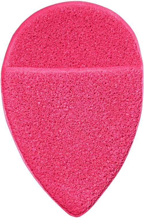 Pink teardrop-shaped cleaning sponge with a rough scouring side and a softer side.