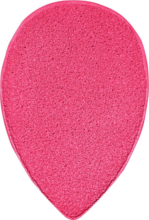 A pink teardrop-shaped sponge with a textured surface.