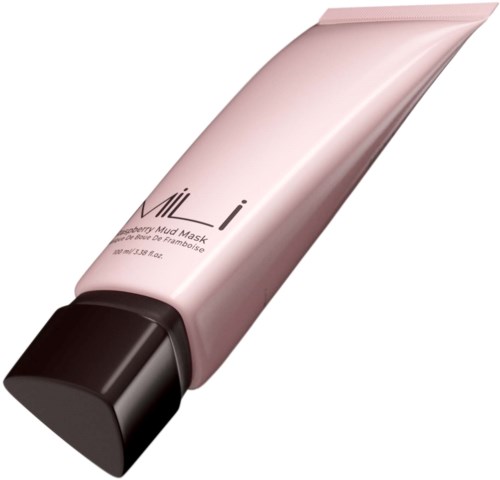 Vaaleanpunainen putkilö mustalla korkilla, jossa lukee 'Milj' ja 'Cherry Mud Mask' pienellä tekstillä.