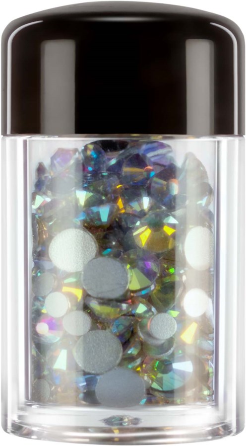 A small container with a black lid filled with shiny, colorful, reflective decorative rhinestones or sequins.