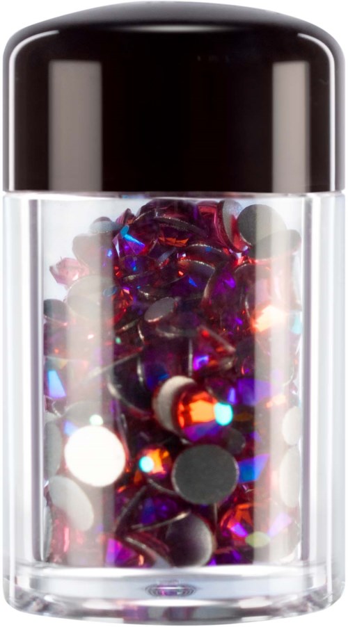 A clear container filled with colorful, shiny nail art decorations, topped with a black lid.