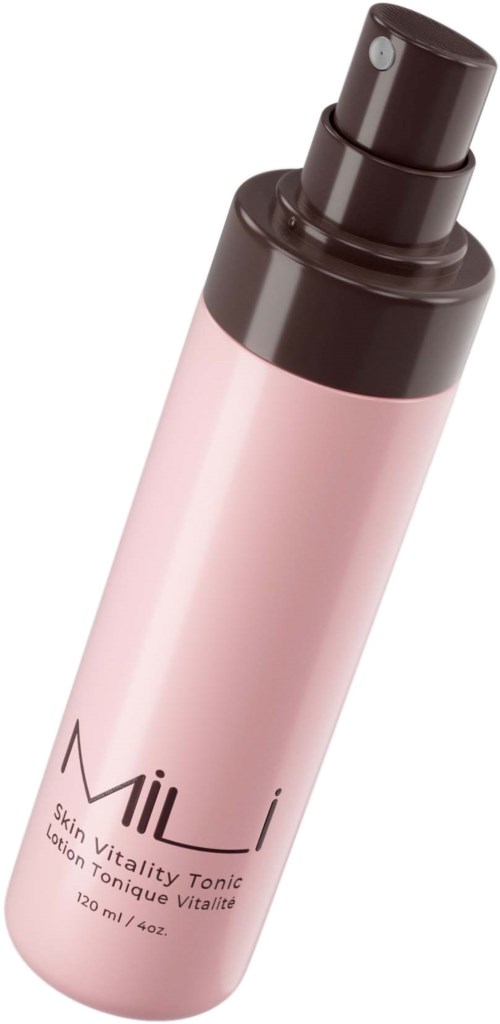 A pink bottle with a black spray cap labeled 'Mil'i Skin Vitality Tonic'.