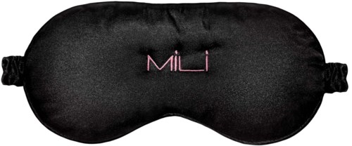 A black silk sleep mask with pink embroidered writing that says 'MiLi'. It has elastic sides for wearing.