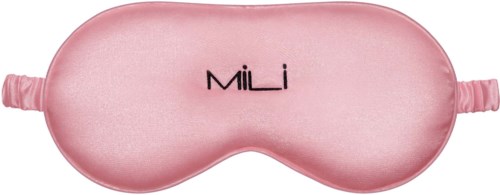 A pink sleep mask with the name 'Mili' on it, made of soft material, with elastic bands on the sides.