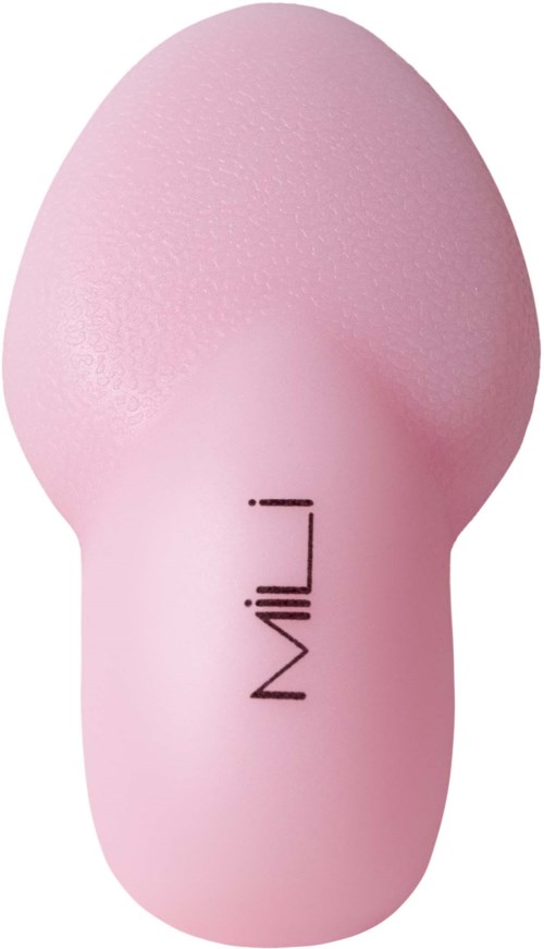 Pink silicone beauty sponge with the brand name 'Mil' printed on it.