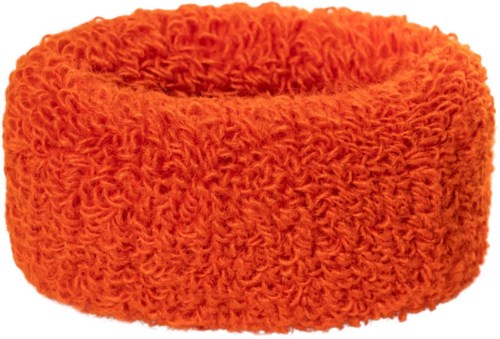 Ein flauschiges, orangefarbenes, rundes Stirnband aus weichem, lockigem Stoff. Es sieht warm und bequem aus.