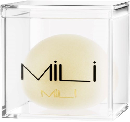 A clear acrylic box with a yellowish-white sphere inside, featuring the word "Milí" in black and yellow text.