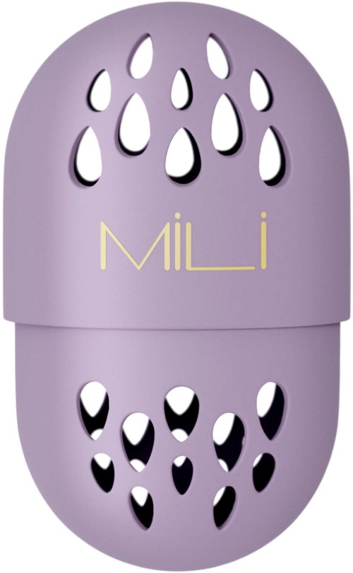 A purple container with small holes and the label 'MiLLi' on it. It looks like a product package or decor.