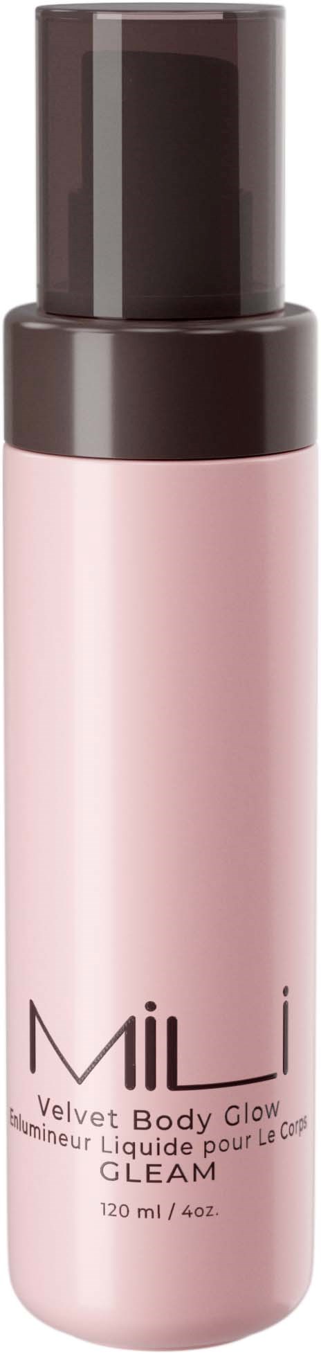 Vaaleanpunainen pullo MiLi Velvet Body Glow -tuotetta ja tummanruskea korkki.