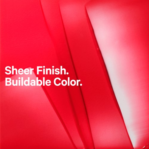 Gradient bakgrunn i rosa og rødt med hvit tekst: "Sheer Finish. Buildable Color.".