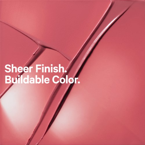 Jasnoróżowa farba z napisem "Sheer Finish. Buildable Color." w białym kolorze.