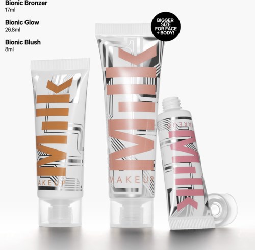 Dette er et makeupsett med rør merket Bionic Bronzer, Bionic Glow og Bionic Blush for ansikt og kropp.