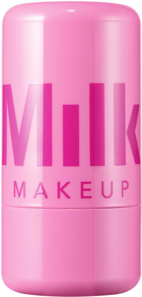 Rosa sylinderformet beholder med orden "Milk Makeup" på i store rosa bokstaver.