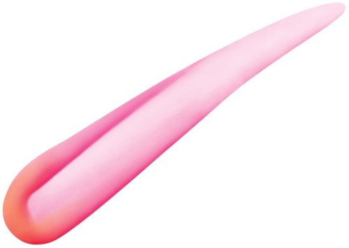 A pink, curved, elongated object with a smooth surface, tapering to a point. It looks like a stylized pencil or feather.