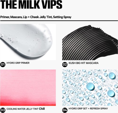 Afbeelding met vier schoonheidsproducten: een witte primer met bellen, zwarte mascara met ribbels, roze gelkleur en waterdruppels.