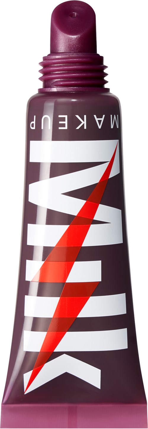 Ein Tube lila Lippenstift mit rotem Blitz und weißen Text.
