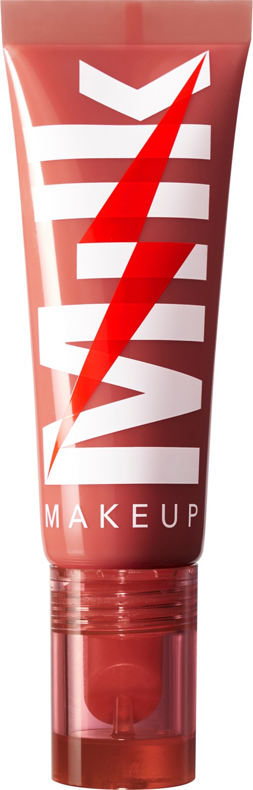 Eine rote Tube mit einem Logo, das einen Blitz zeigt, und den Worten "VIVIFY MAKEUP".