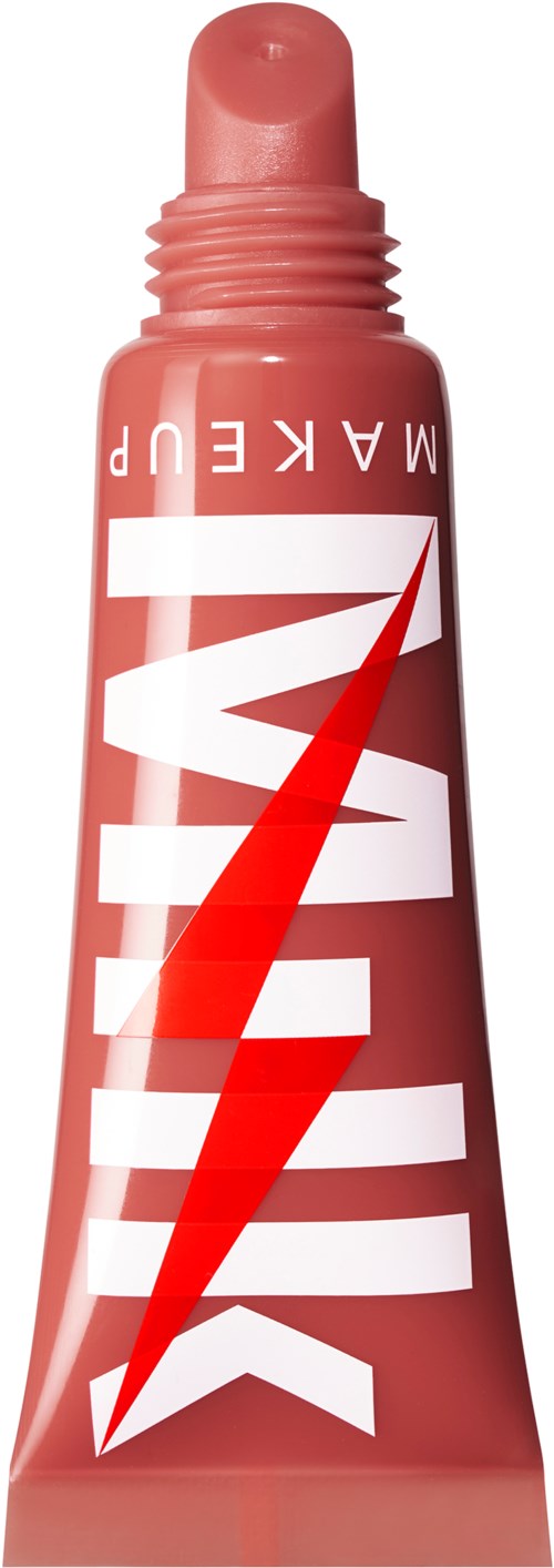 Eine rosa Tube mit einem roten Blitz und weißen Buchstaben, die 'MAKELUP' buchstabieren.
