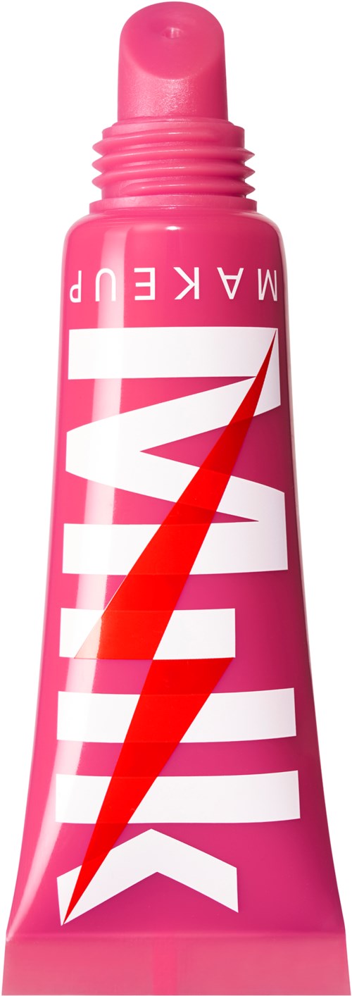 Roze tube voor huidverzorging of cosmetica met een rode bliksemschicht en vet witte tekst.