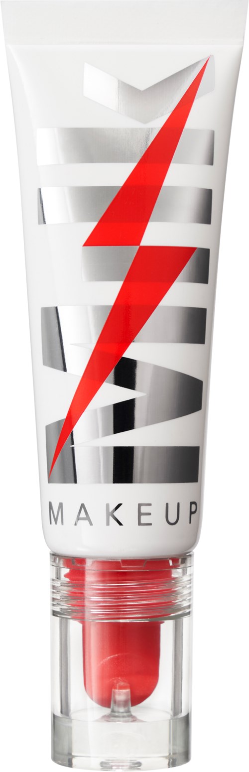 Eine weiße Tube mit einem roten Blitz, schwarz-weißer Schrift und dem Wort 'MAKEUP' am unteren Ende.