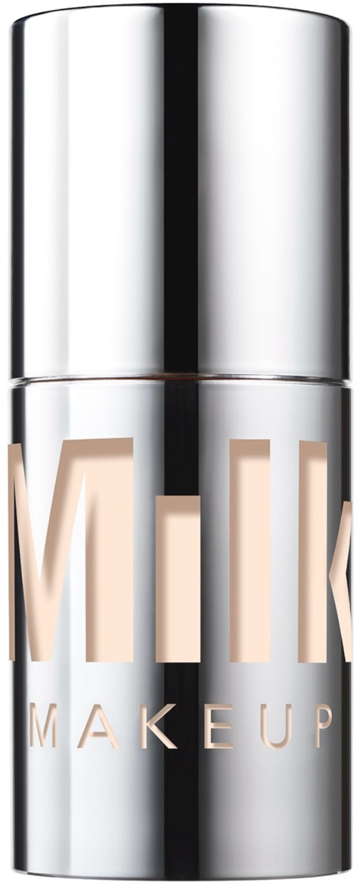 Hopeaväri huultenrajaustabletti, jossa teksti 'Makeup', kiiltävä ja peilipintainen.