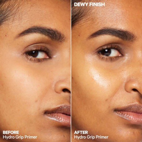 Sidobilder visar en persons ansikte före och efter applicering av en makeupprodukt med glansig finish.