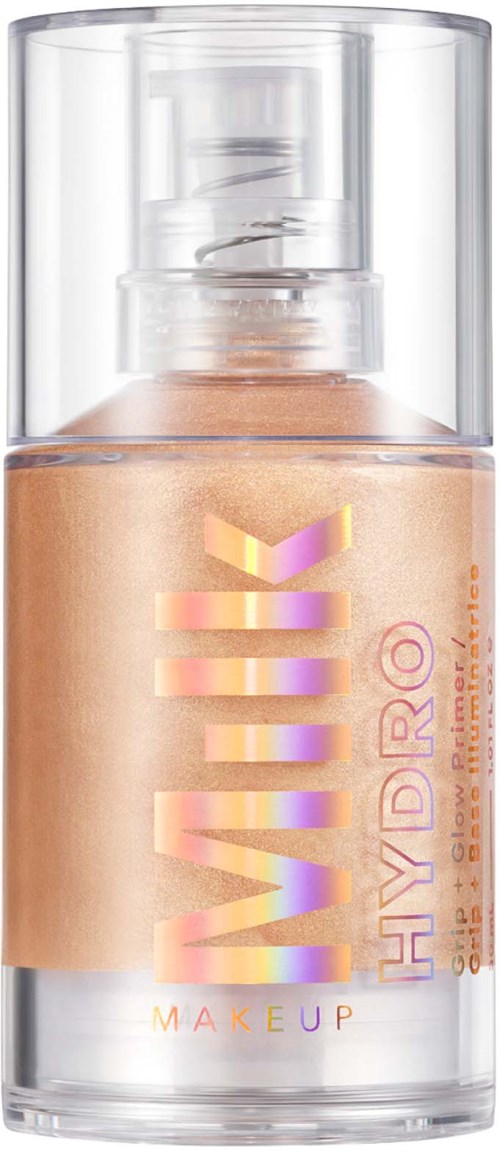 Een foundationfles met pomp, gemarkeerd "HYDRO VITY" en "MAKEUP," in een doorzichtig container.