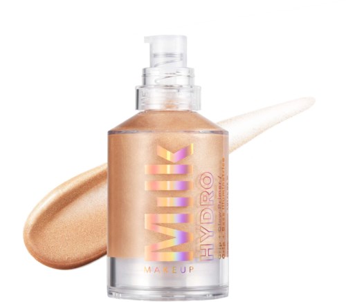 Fles foundation met een kleurstaal en een kwast, gemarkeerd 'VIVELLE HYDRO MAKEUP'.