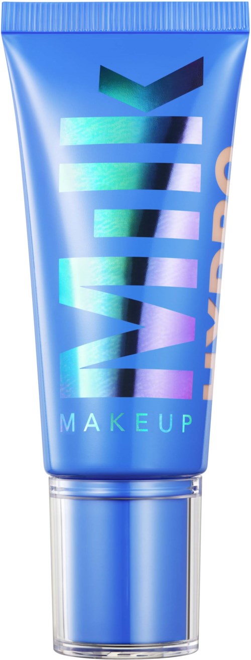 En blå makeuptube med skinnende, holografisk tekst og sølvhætte.