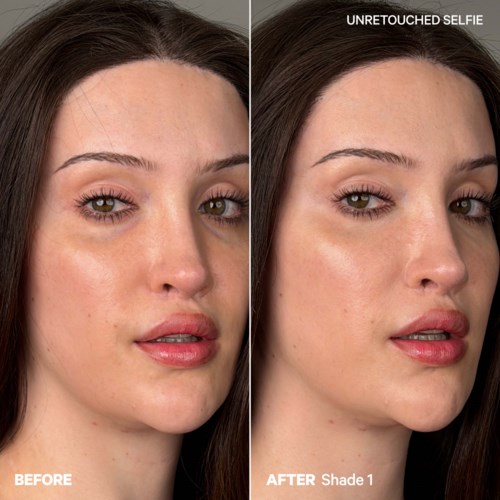 Side-by-side afbeeldingen tonen het gezicht van een vrouw voor en na het aanbrengen van een product genaamd Shade 1 voor ongeretoucheerde selfies.