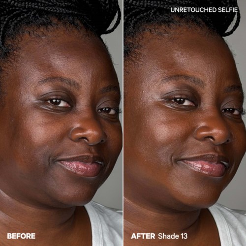 Zij-aan-zij foto's laten een vrouw zien met een duidelijkere, gladdere huid na gebruik van Shade 13 make-up. Geen make-up aan de linkerkant.
